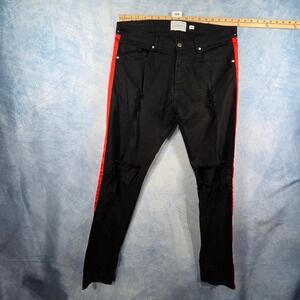 Lakenzie Mens Distressed Skinny Jeans Black Red Side Stripe Ankle Zip Size Large